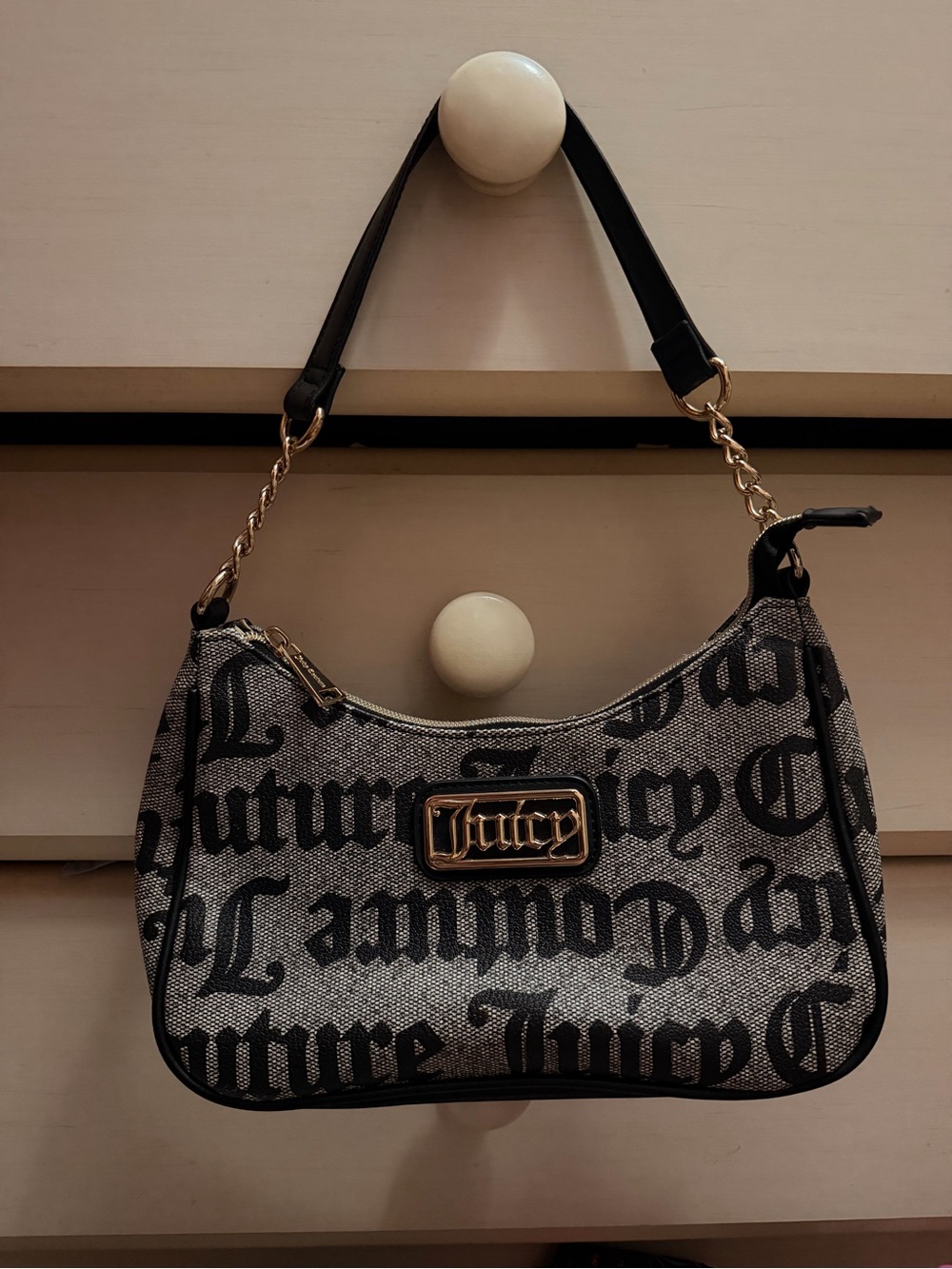Juicy Couture Black and Gray Logo Jacquard Shoulder Bag